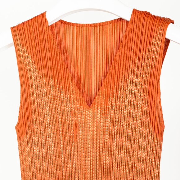Pleats Please Issey Miyake Orange Metallic-Pattern Sleeveless Maxi Dress - Picture 3 of 8